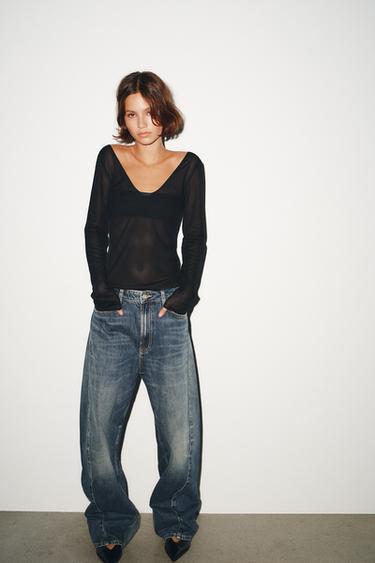 Zara SEMI-SHEER LONG SLEEVE TOP - Black