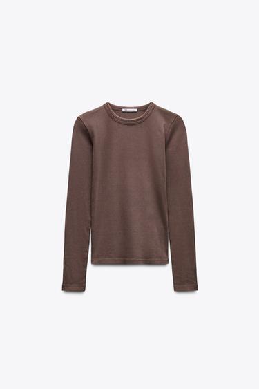 RIB-T-SHIRT MIT VERWASCHENE OPTIK UND LANGEN ÄRMELN - Braun von Zara