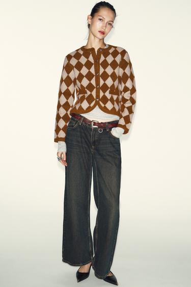 JACQUARD ARGYLE KNIT CARDIGAN - Brown / Ecru by Zara