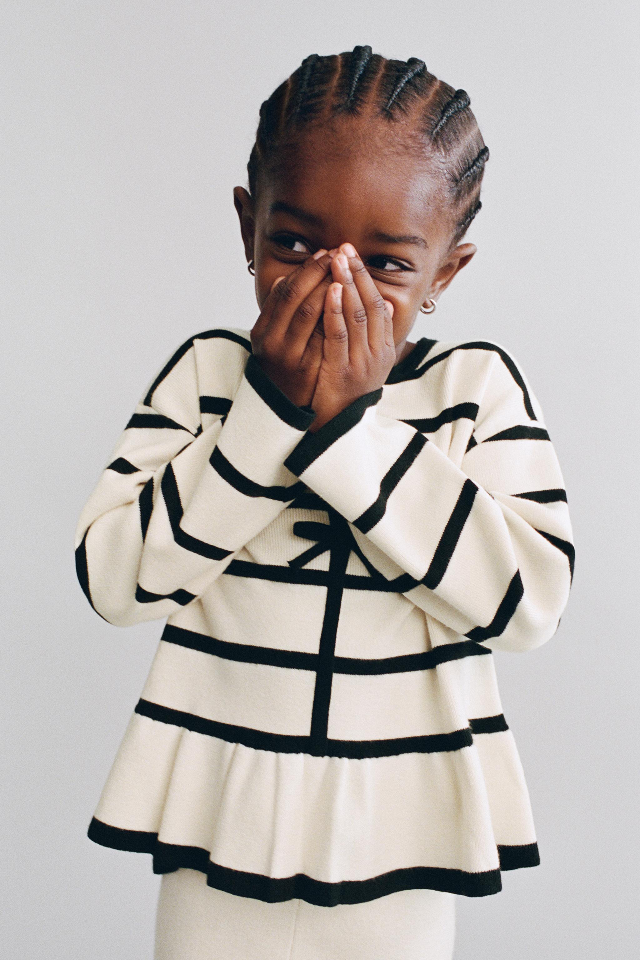 STRIPED AND BOW KNIT JUMPER — Ecru / Black