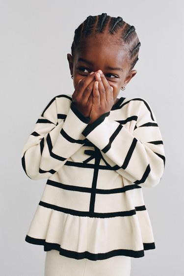 Zara STRIPED AND BOW KNIT JUMPER - Ecru / Black
