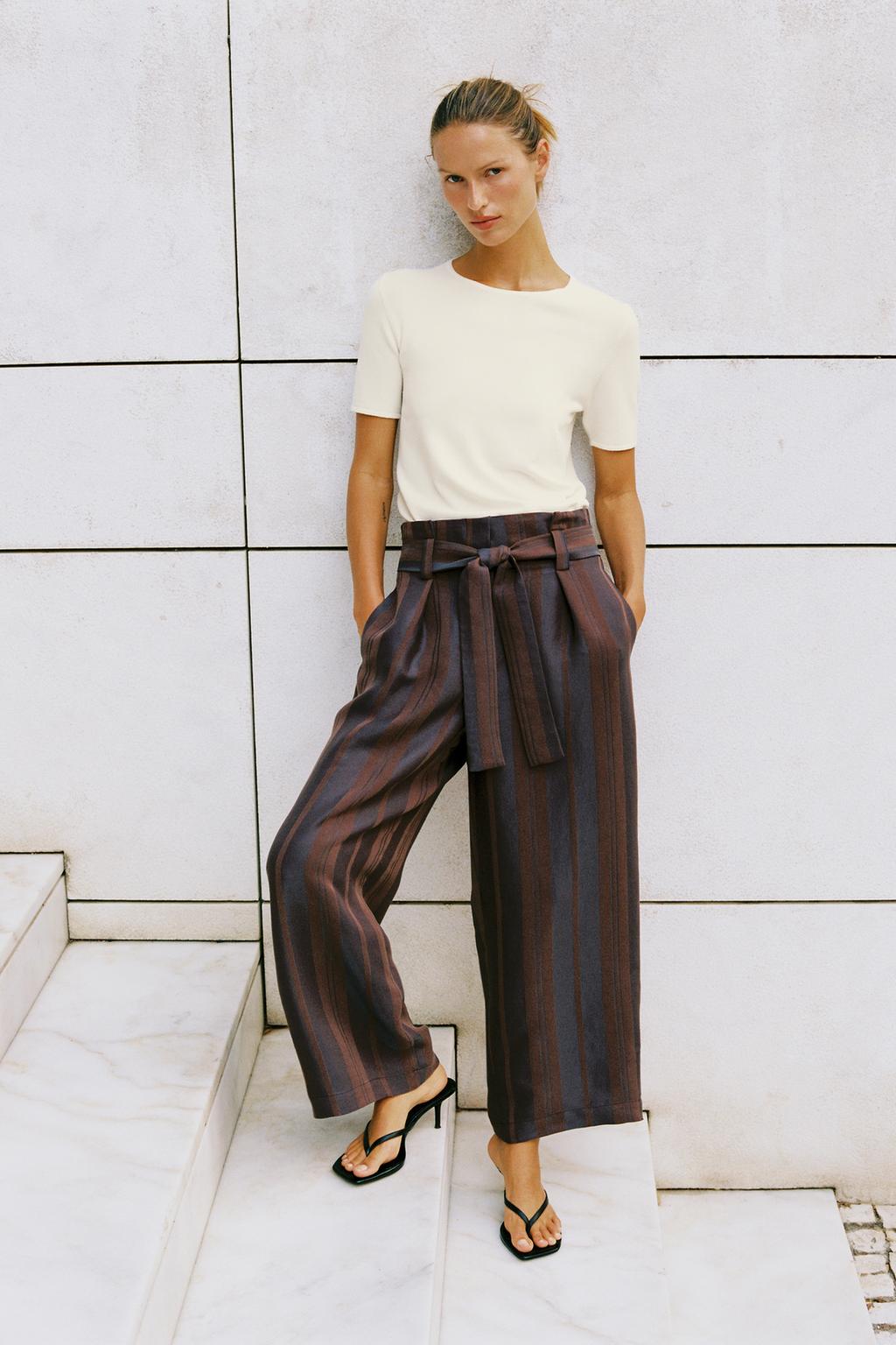 STRIPED PAPERBAG TROUSERS WITH BELT