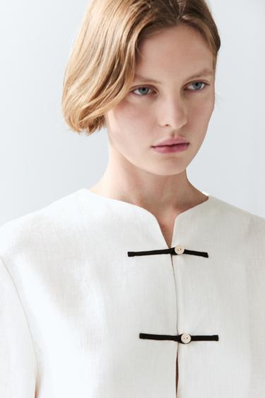 Zara 100% linen flowing shirt with button detail - Oyster-white