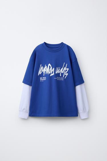 DOUBLE-SLEEVE GRAFFITI T-SHIRT - Blue/White by Zara