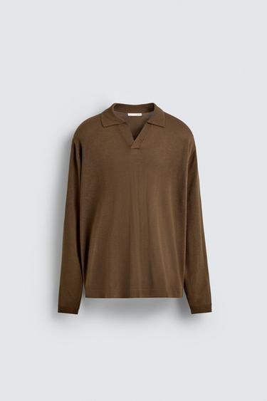 Zara TEXTURED KNIT POLO SHIRT - taupe brown
