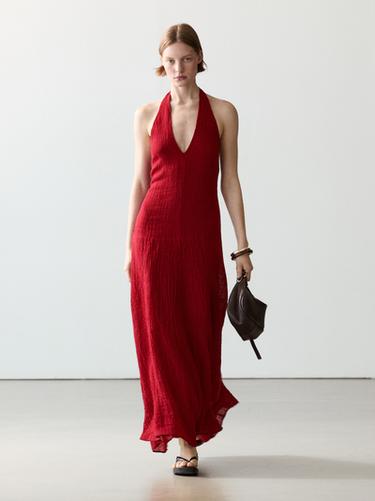 Zara Long 100% linen dress with neckline detail - Red