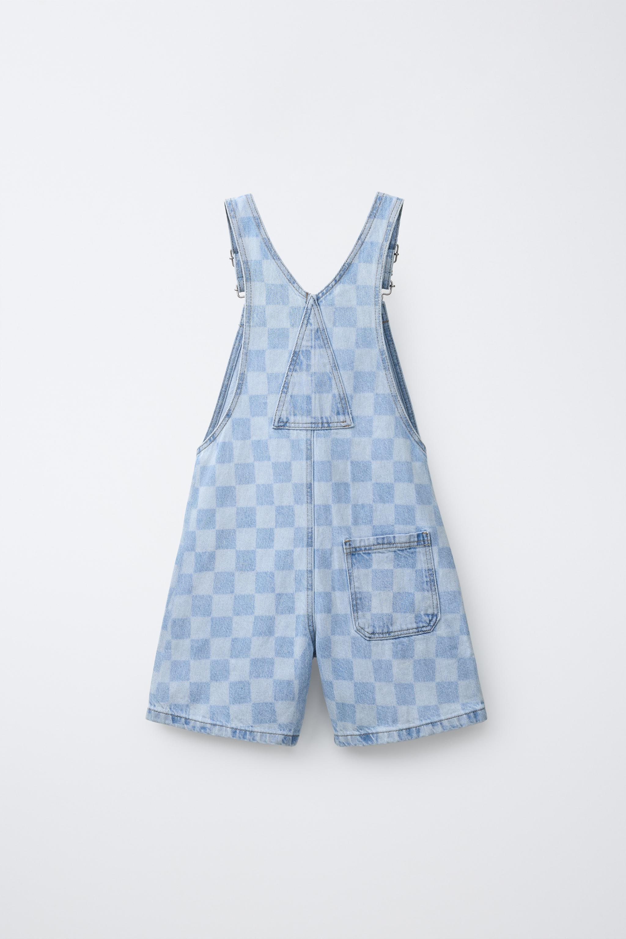 CHECKERBOARD DENIM OVERALL SHORTS