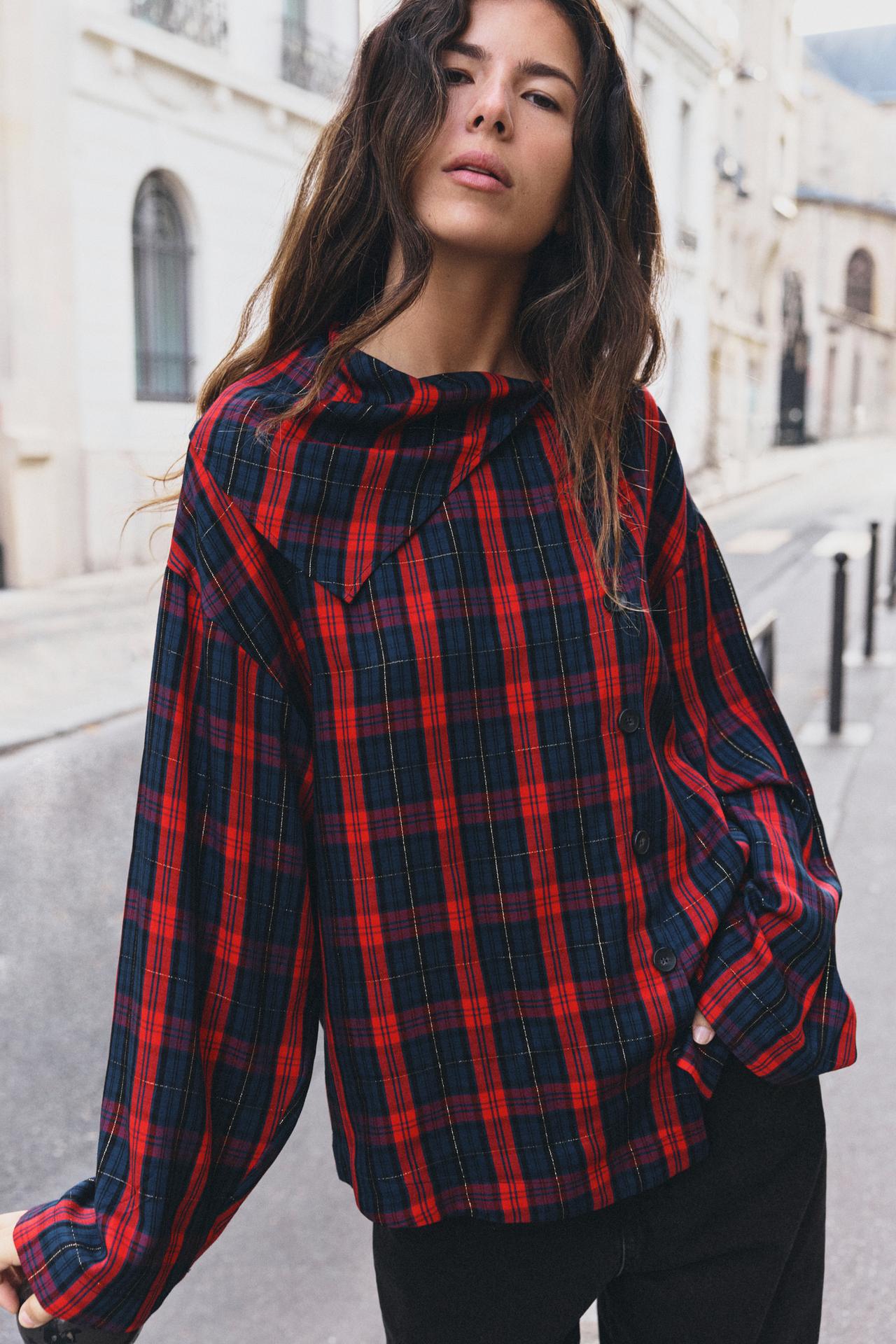 METALLIC YARN CHECKED SHIRT — Red / Navy