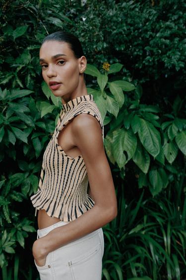 STRIPED SMOCKED TOP - Ecru / Black by Zara - Image 3