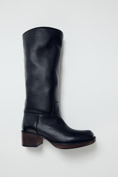 Zara LEATHER HEEL BOOTS - Black