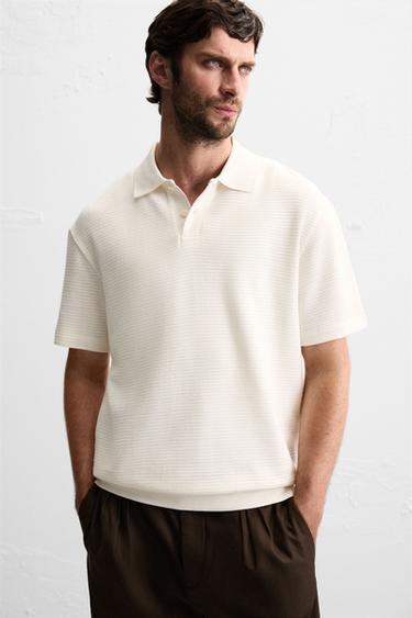 POLOSHIRT MED JACQUARDSTRUKTUR - knæk. hvid fra Zara