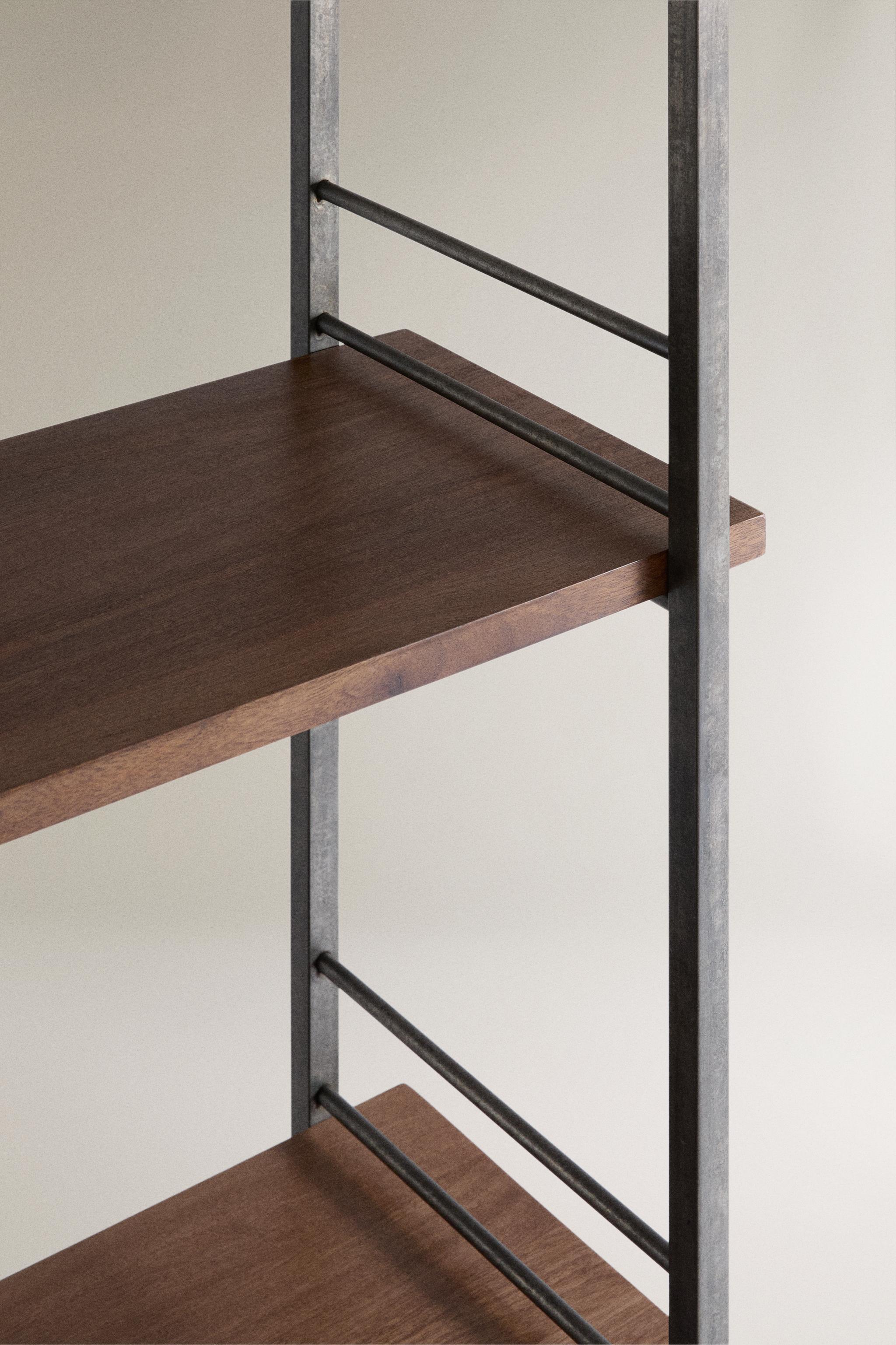 STAINLESS STEEL AND WOOD TALL SHELF UNIT — Brown