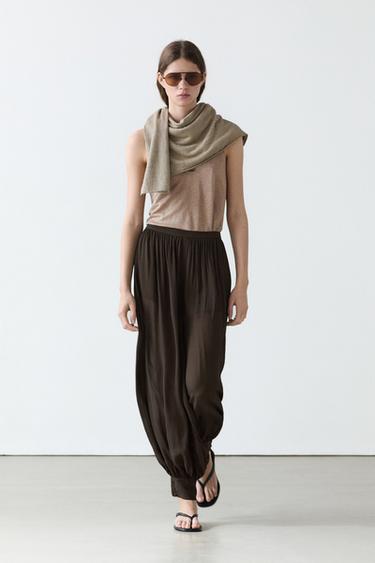 Zara Semi-sheer sarouel trousers with button details - Chocolate