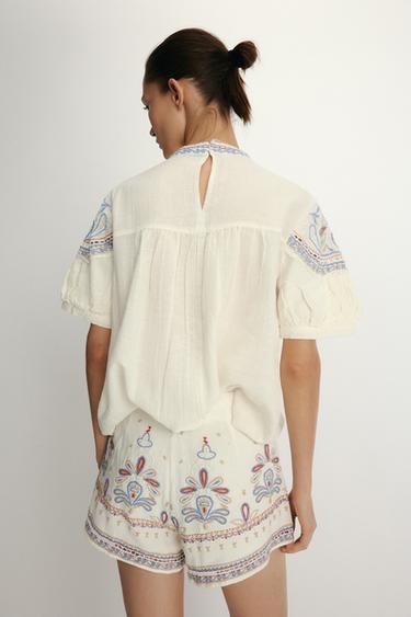 Zara ZW COLLECTION EMBROIDERED SHORTS - Ecru