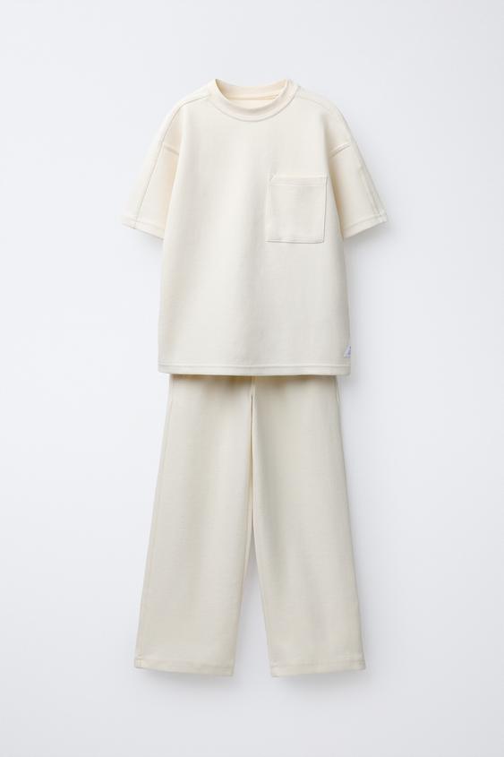 ENSEMBLE INTERLOCK PIQUÉ T-SHIRT ET PANTALON - Écru de Zara - Image 0