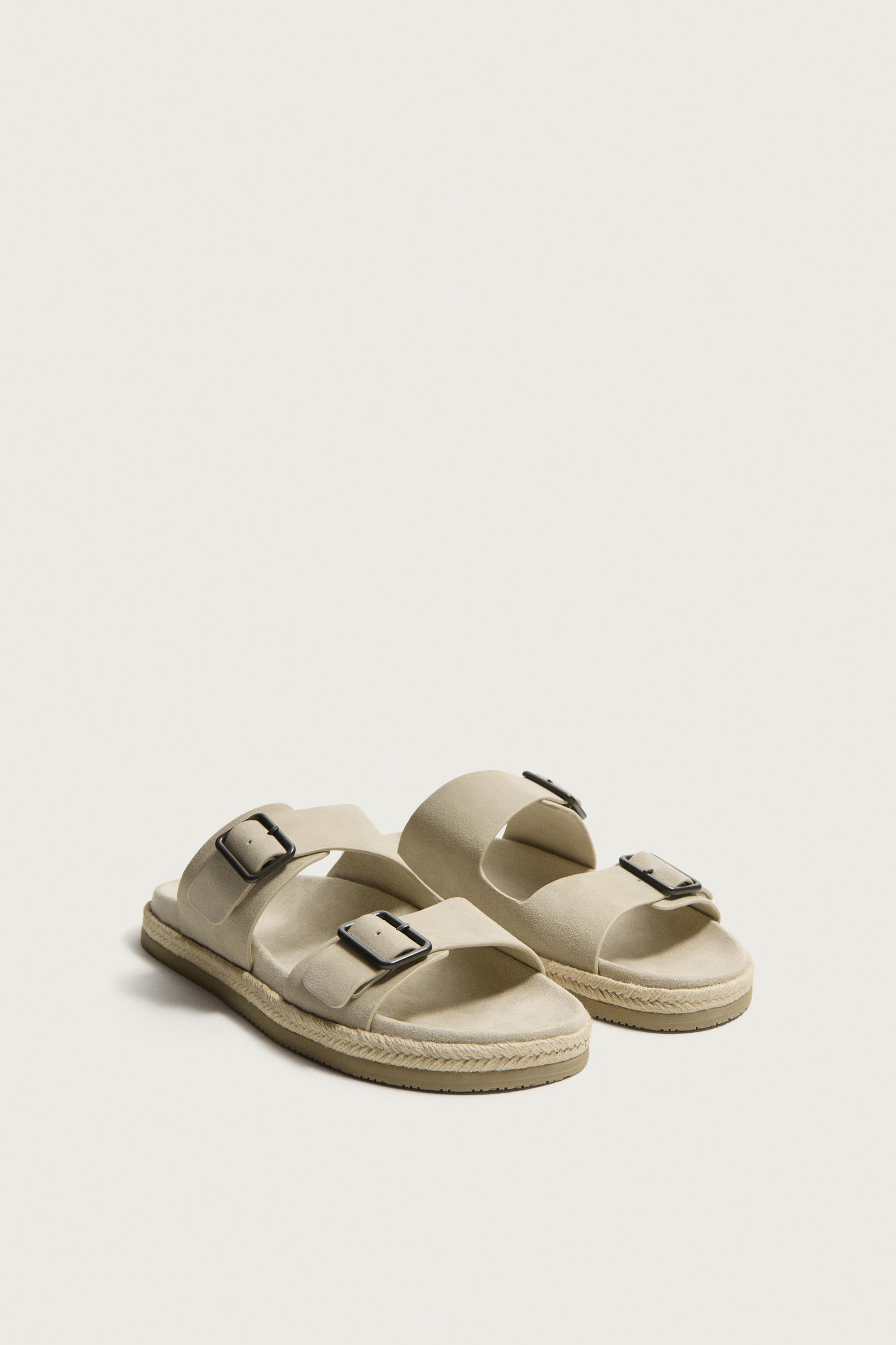 DOUBLE STRAP LEATHER SANDALS — Taupe Gray
