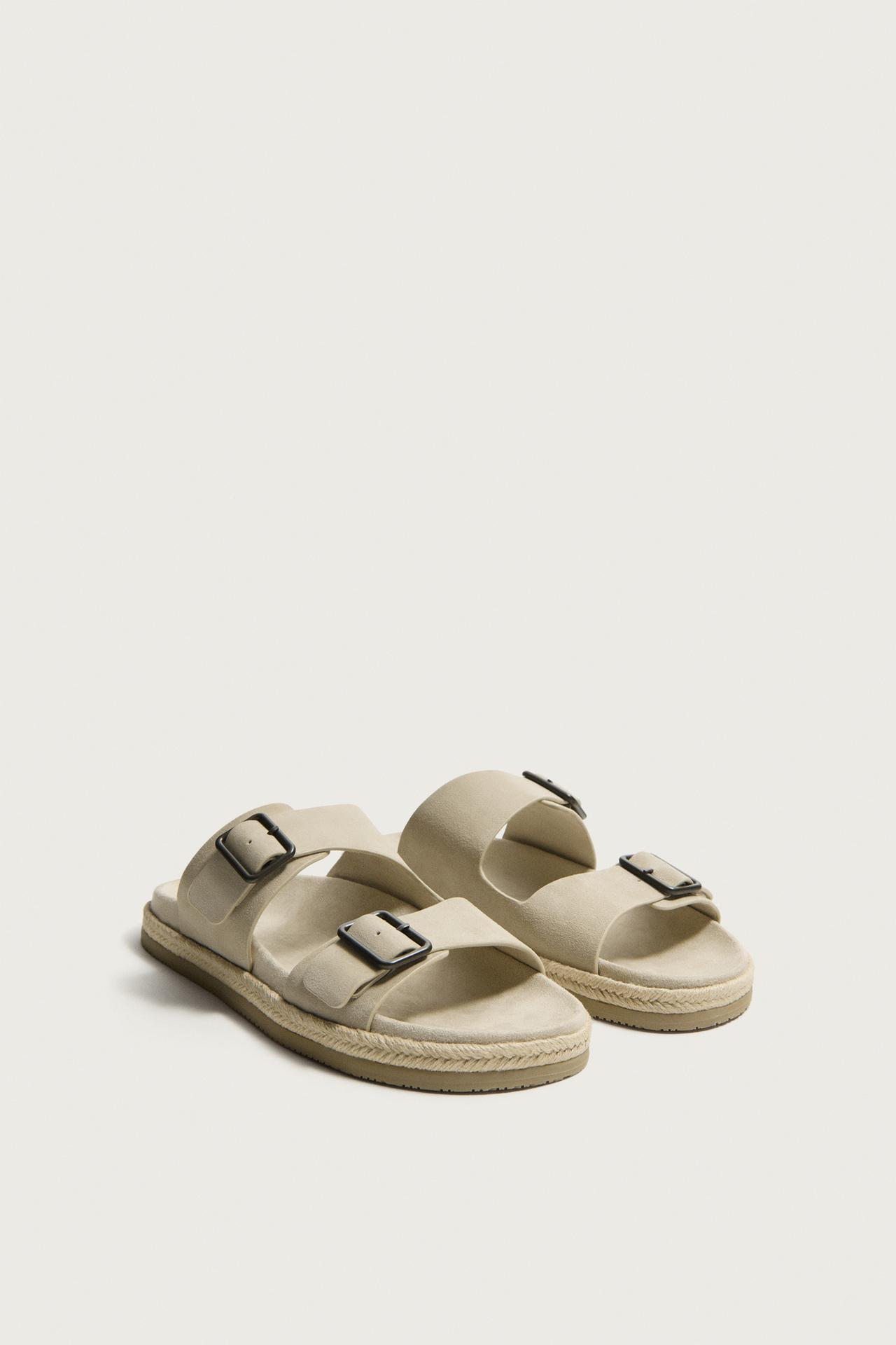 DOUBLE STRAP LEATHER SANDALS — Taupe Gray