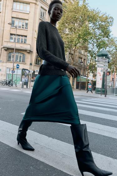 SATIN MIDI SKIRT - Duck green by Zara