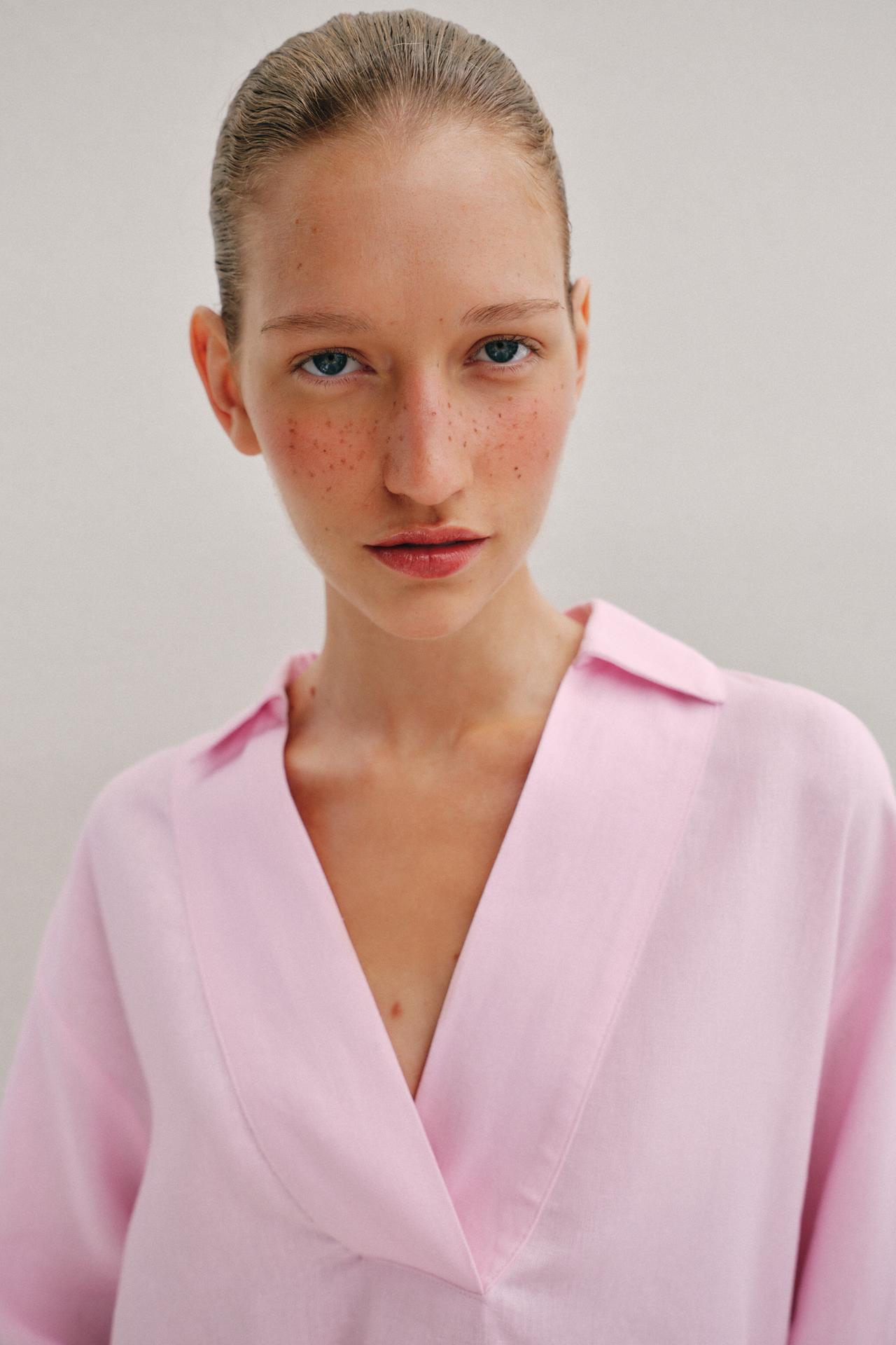 LINEN BLEND POLO COLLAR BLOUSE — Pink
