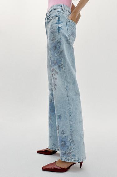 JEAN Z1975 DROIT TAILLE MI-HAUTE LONG IMPRIMÉ FLEURI - Bleu moyen de Zara - Image 4