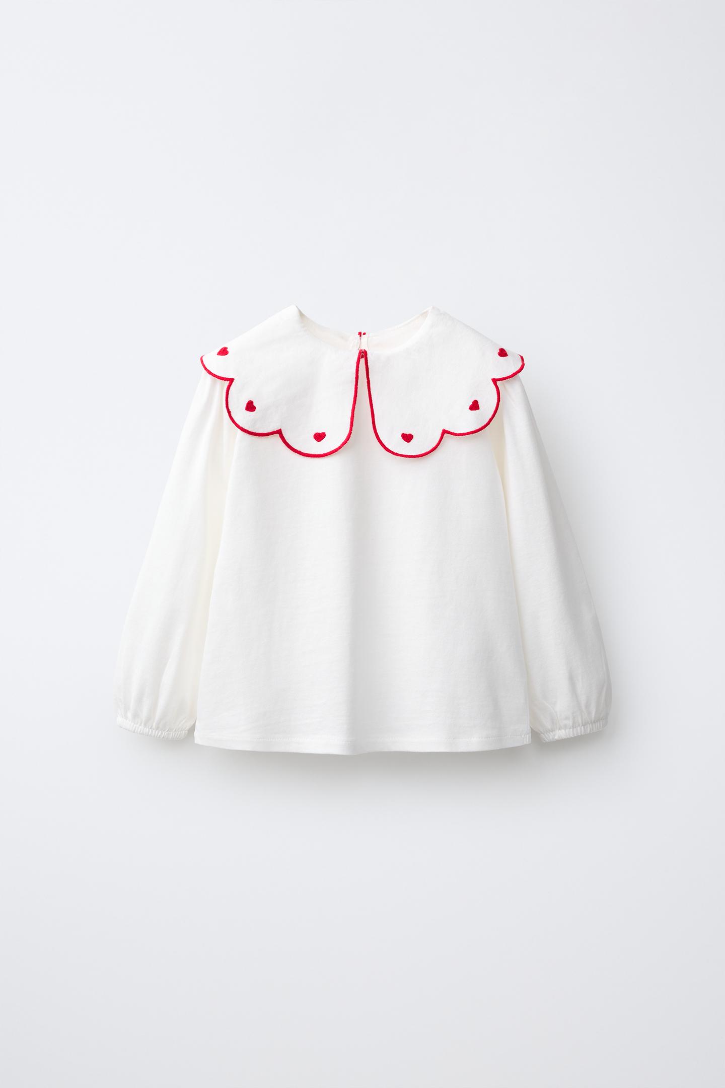Детская футболка Zara Embroidered Peter Pan Collar, цвет: Устричный белый — фото 1