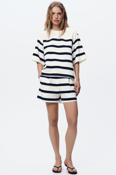 Zara PLEATED STRIPED SHORTS - White / Navy - Image 0