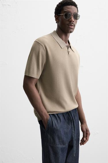 RIB KNIT POLO SHIRT - Beige by Zara - Image 4
