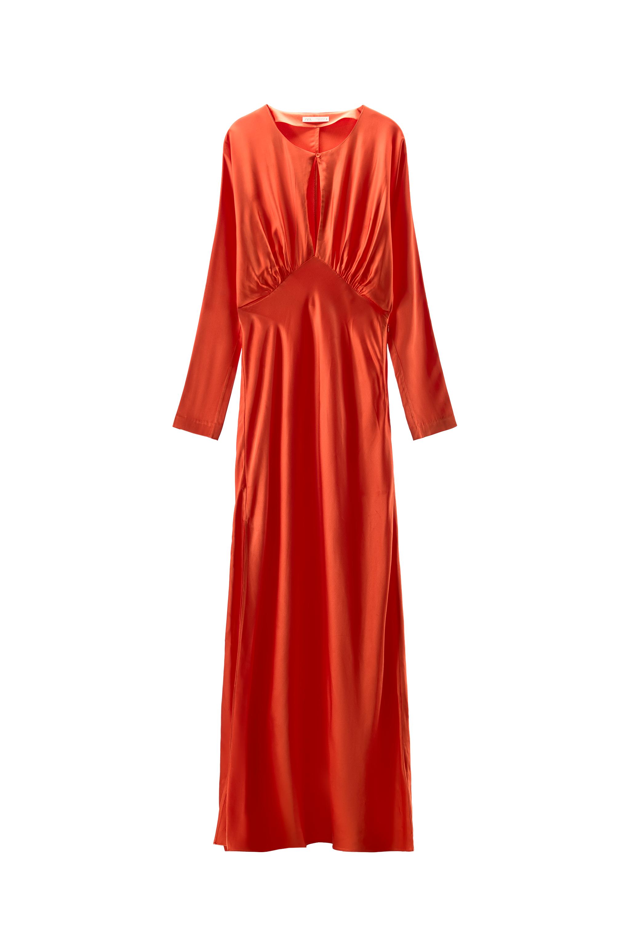 orange zara silk dress SLIT BATWING SLEEVE SATIN EFFECT DRESS - Orange