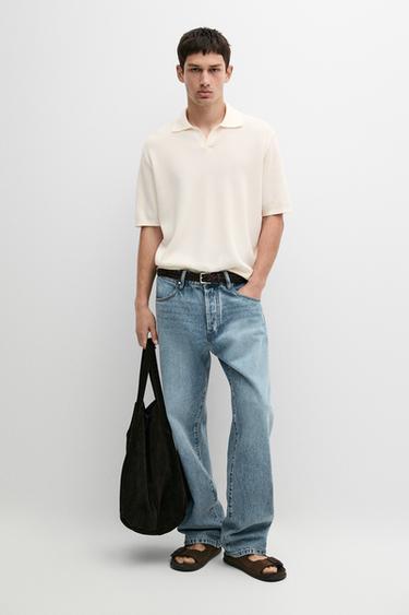 Zara Cotton blend knit V-neck polo shirt - Ecru - Image 0