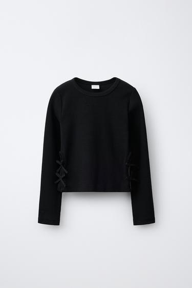 Zara RIB CUT-OUT BOW T-SHIRT - Black