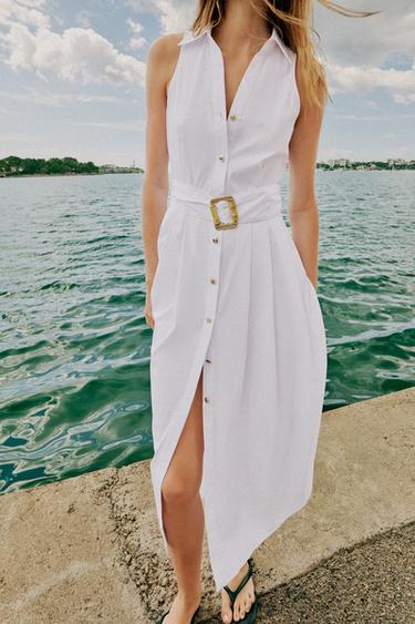 ROBE MI-LONGUE EN POPELINE AVEC CEINTURE - Blanc de Zara - Image 1