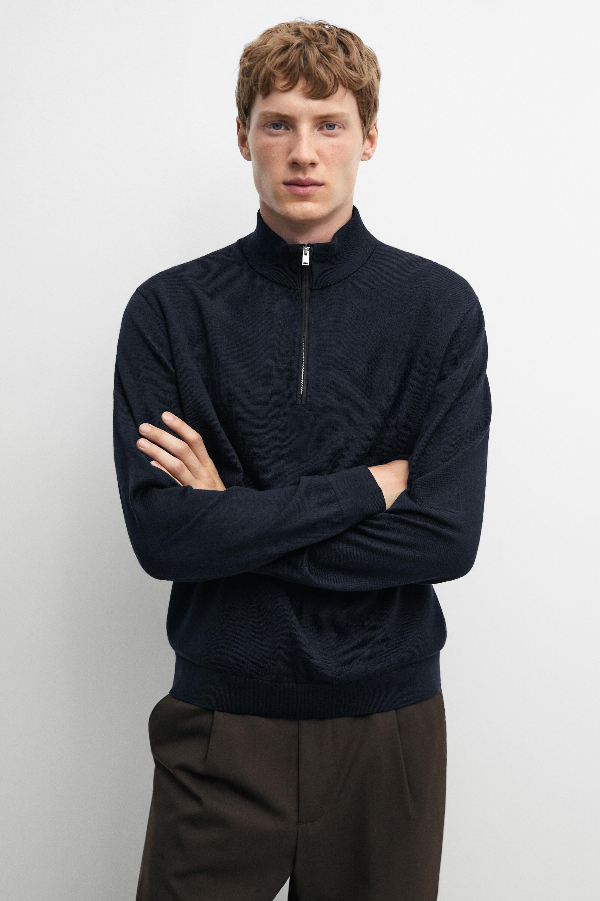 Merino wool blend mock neck knit sweater — Navy blue