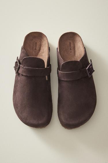 LEDERPANTOFFEL MIT SCHNALLE UND ZIERNAHT - Braun von Zara