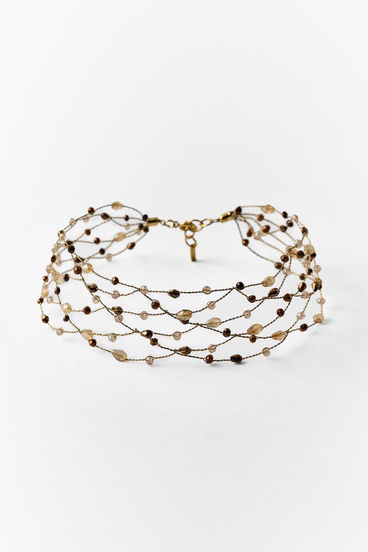 METALLIC THREAD STONE CHOKER NECKLACE — Golden