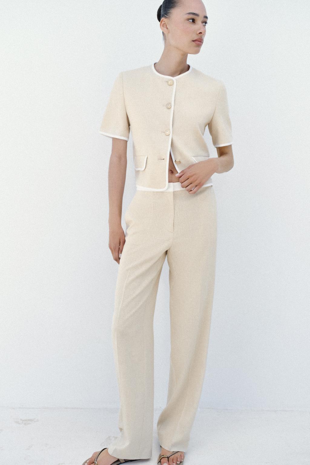 STRAIGHT LEG LINEN PANTS WITH CONTRAST WAIST
