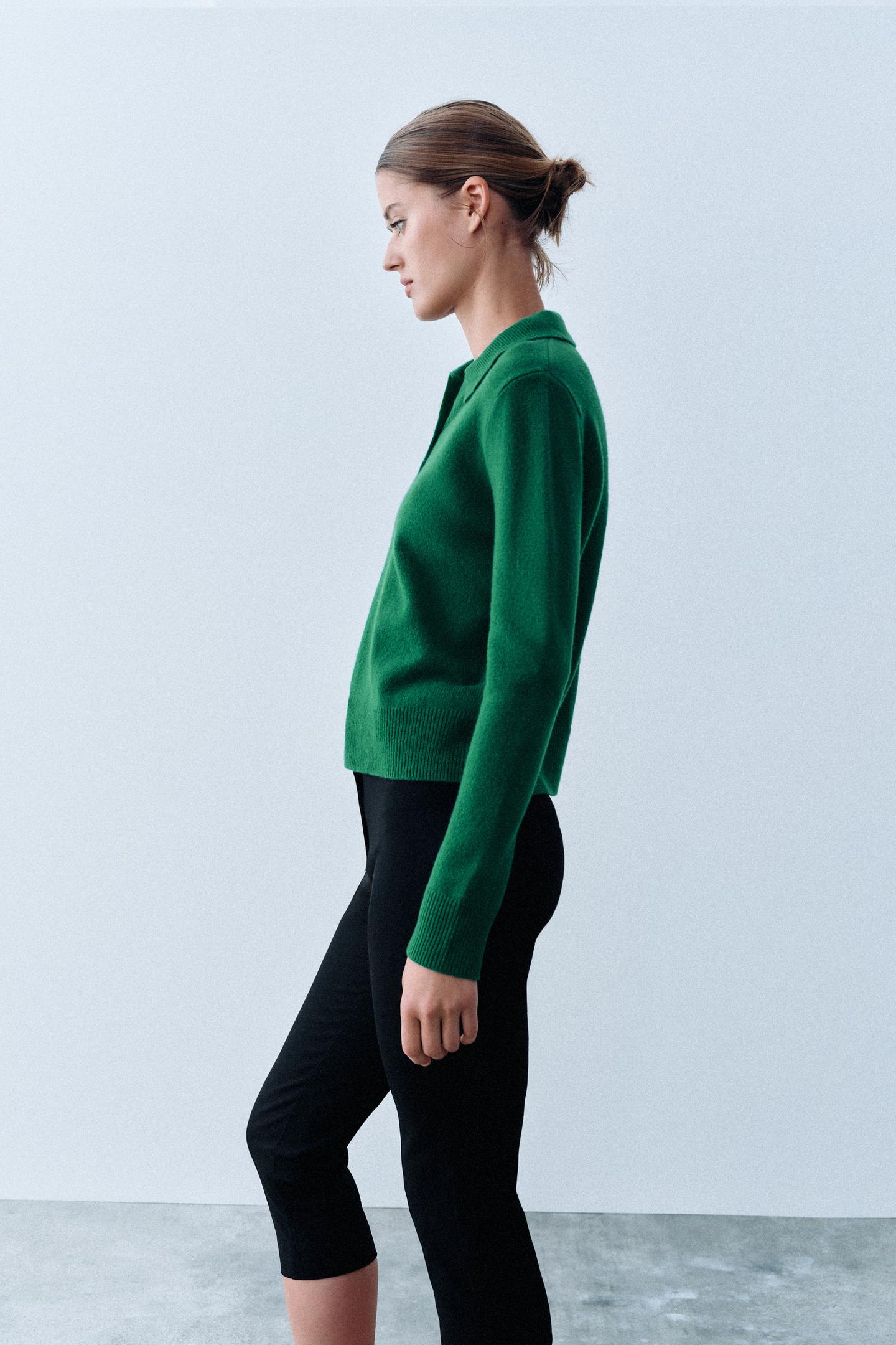 Женский свитер Zara 100% Wool Polo Sweater, цвет: Зелёный — фото 3