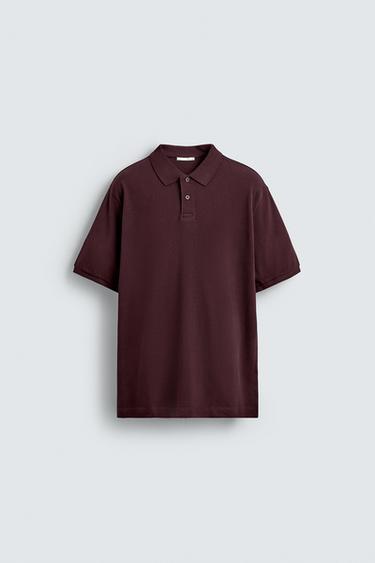 Zara WASHED PIQUÉ TEXTURED POLO SHIRT - Burgundy