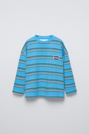 Zara PATCH STRIPED T-SHIRT - Blue