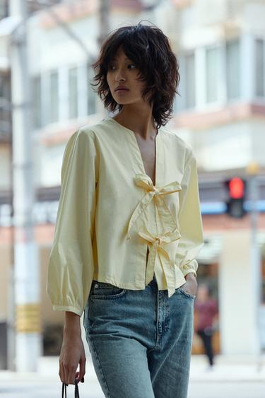 Zara 府綢織帶罩衫 - 黃色