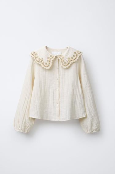 EMBROIDERED SHIRT WITH PETER PAN COLLAR - Ecru by Zara