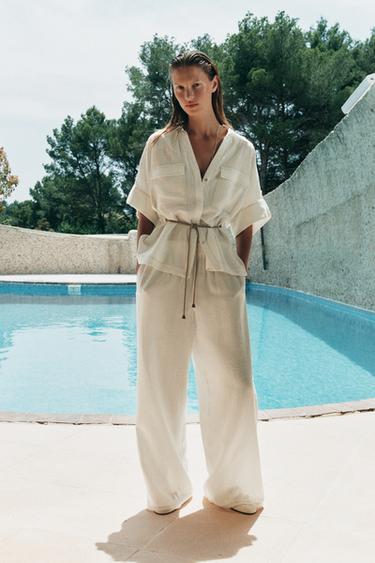 RUSTIC WIDE-LEG TROUSERS WITH RAMIE - Oyster-white by Zara