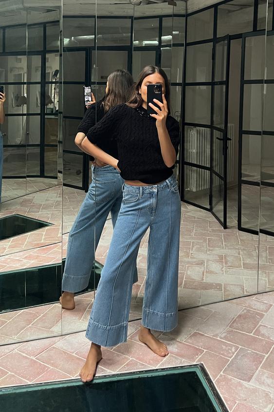 Zara NWT Size 8/30 High Waist Wide Leg Full Length Jeans 90s Light Green