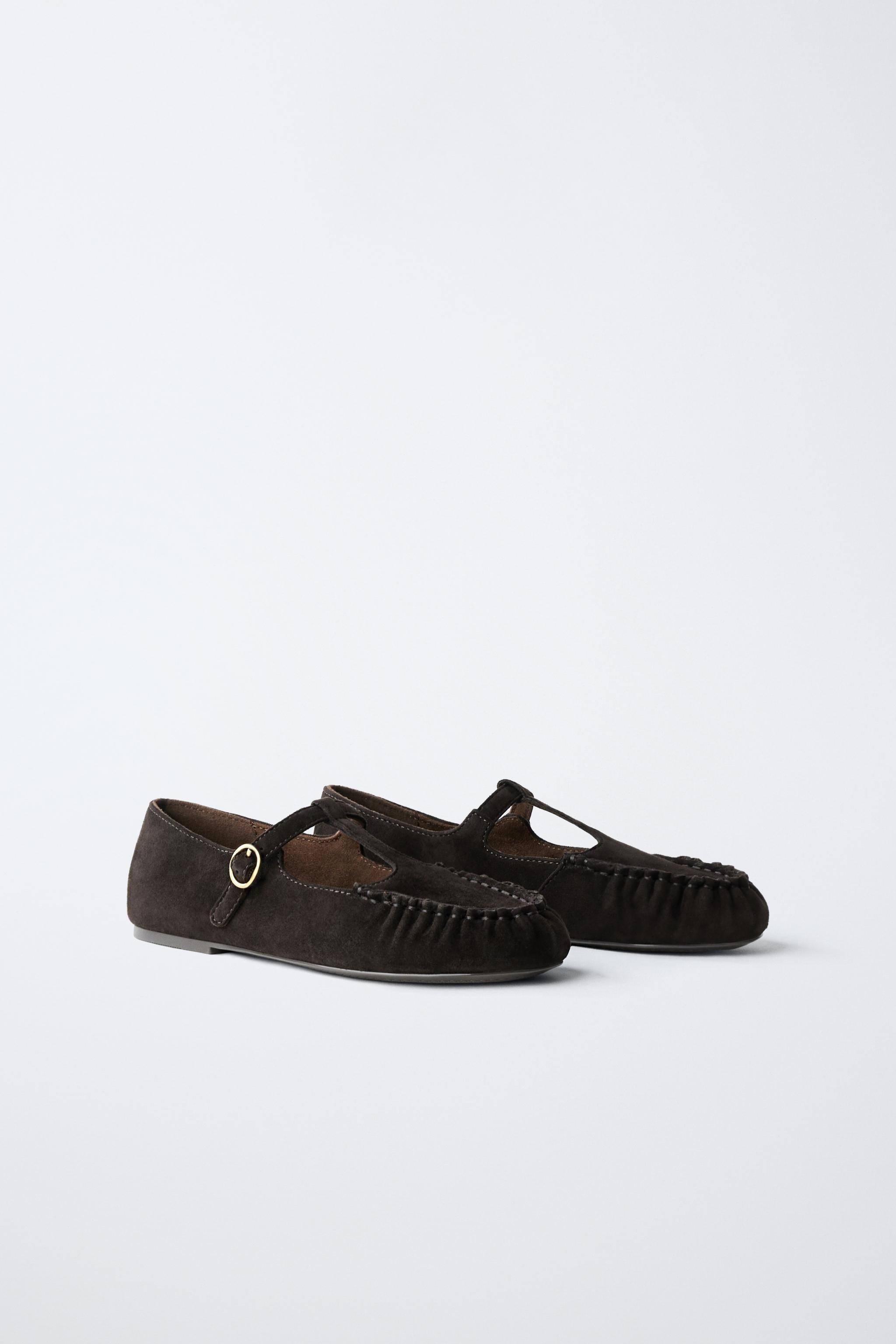 Обувь Zara LEATHER T-STRAP BALLET FLATS — фото 2