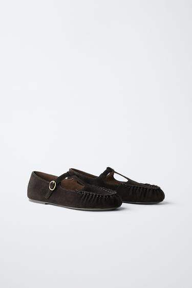 Zara LEATHER GATHERED BALLET FLATS - Brown