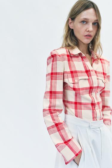 Zaras RUTIG SKJORTA MED AXELVADDAR ZW COLLECTION - Naturfärg/röd