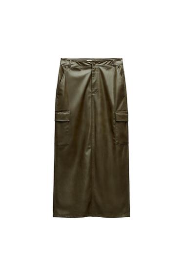 FAUX LEATHER CARGO MIDI SKIRT