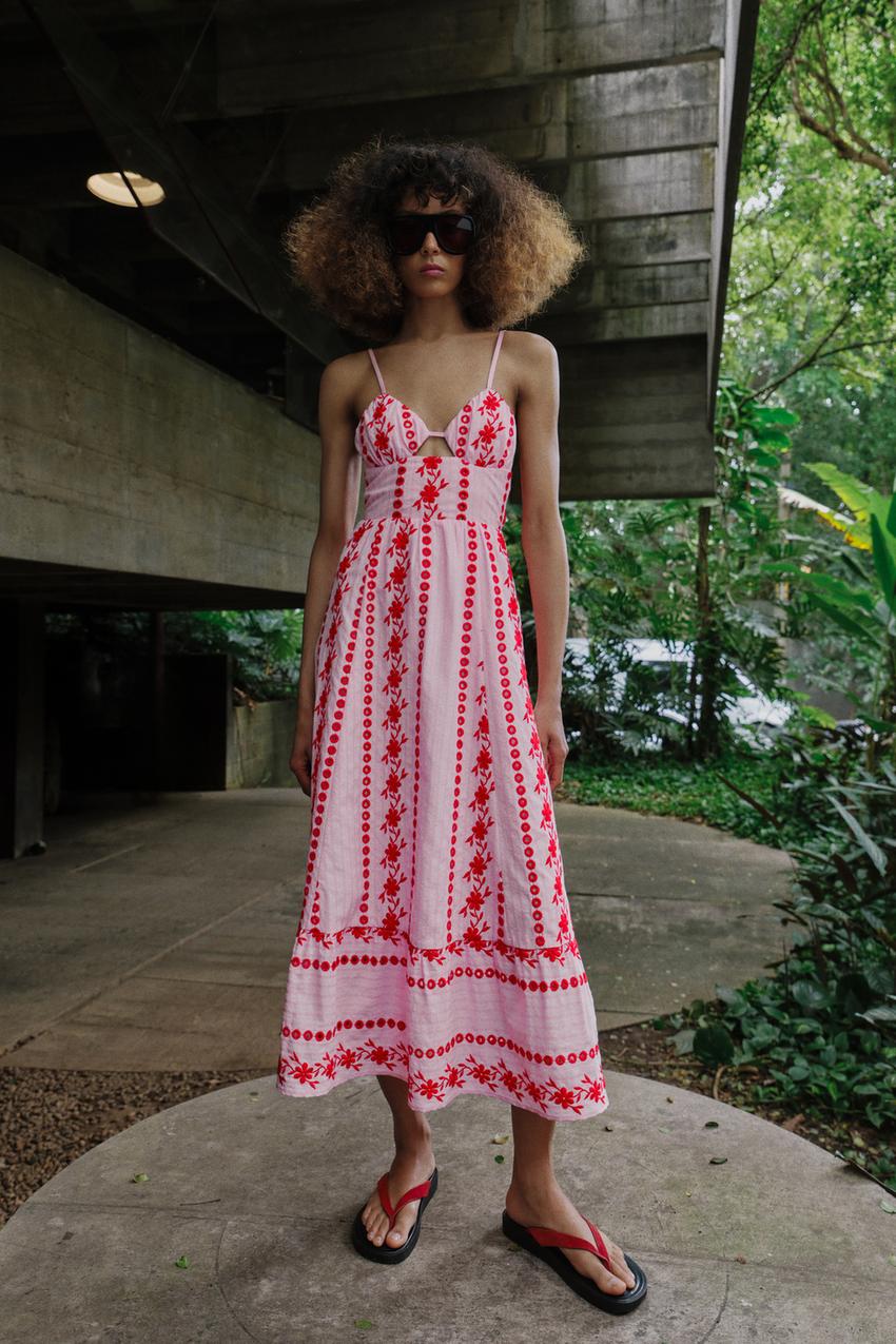 EMBROIDERED EYELET MIDI DRESS - Pink | ZARA United States EMBROIDERED EYELET MIDI DRESS - Pink | ZARA United States