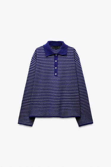 Zara STRIPED KNIT POLO SWEATER - Blue / White