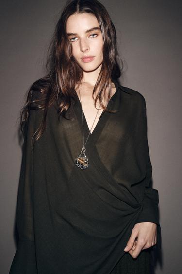 ZW COLLECTION ASYMMETRIC WOOL BLEND SURPLICE TOP - Dark khaki by Zara