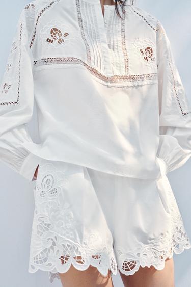 Zara ZW COLLECTION EMBROIDERED PLEATED SHORTS - White